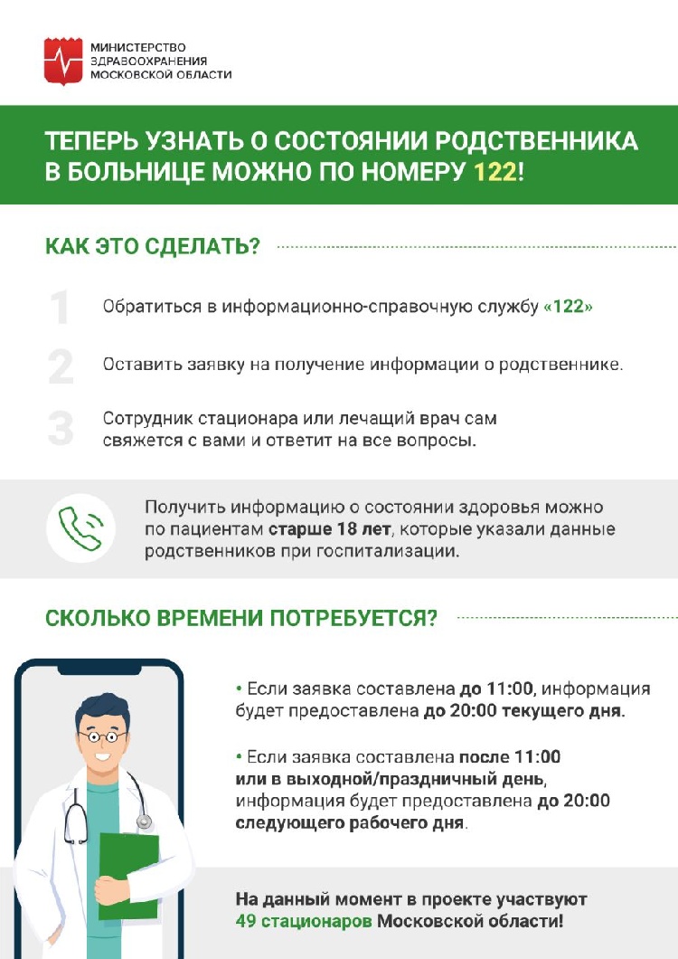 Теперь узнать о состоянии родственника в больнице можно по номеру 122! Теперь узнать о состоянии родственника в больнице можно по номеру 122!